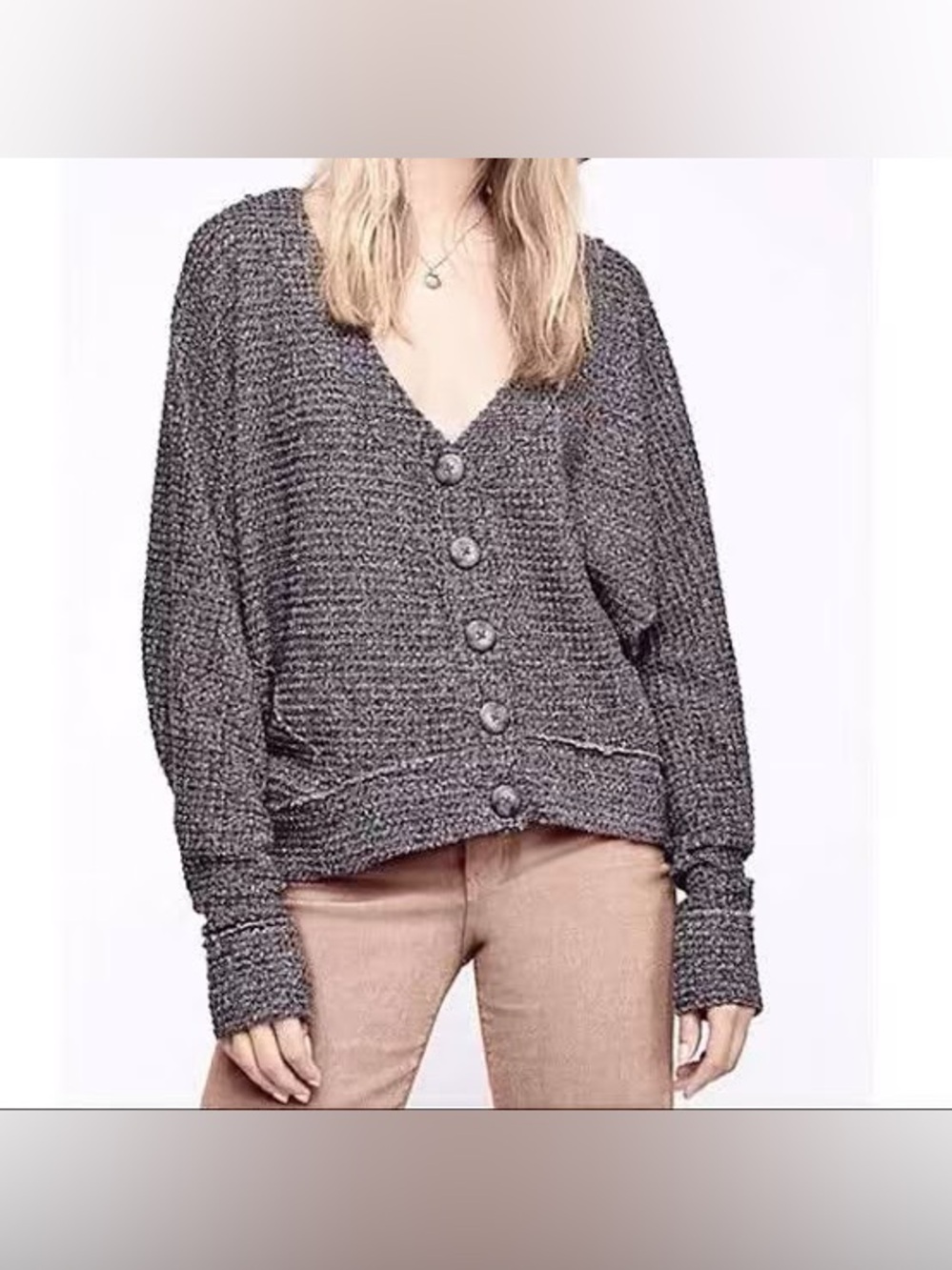 Free People Waffle-Knit Button Up Gray Slouchy Cardigan Sz Small